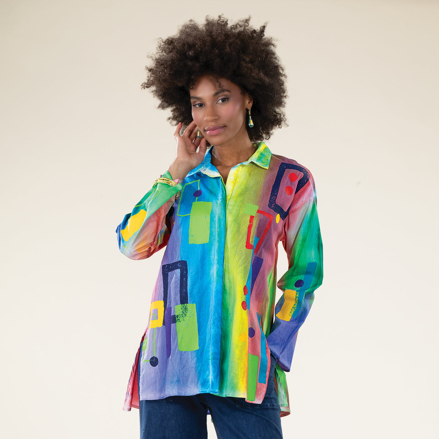 Hand-Painted Geometric Squares Button-Up Blouse