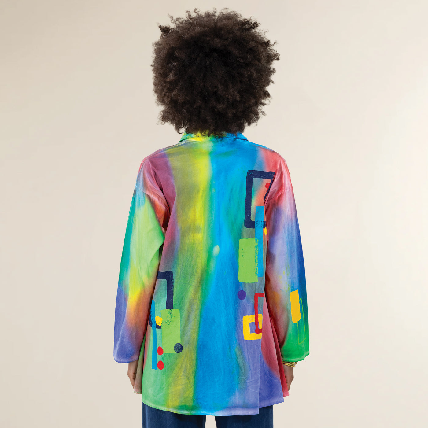 Hand-Painted Geometric Squares Button-Up Blouse