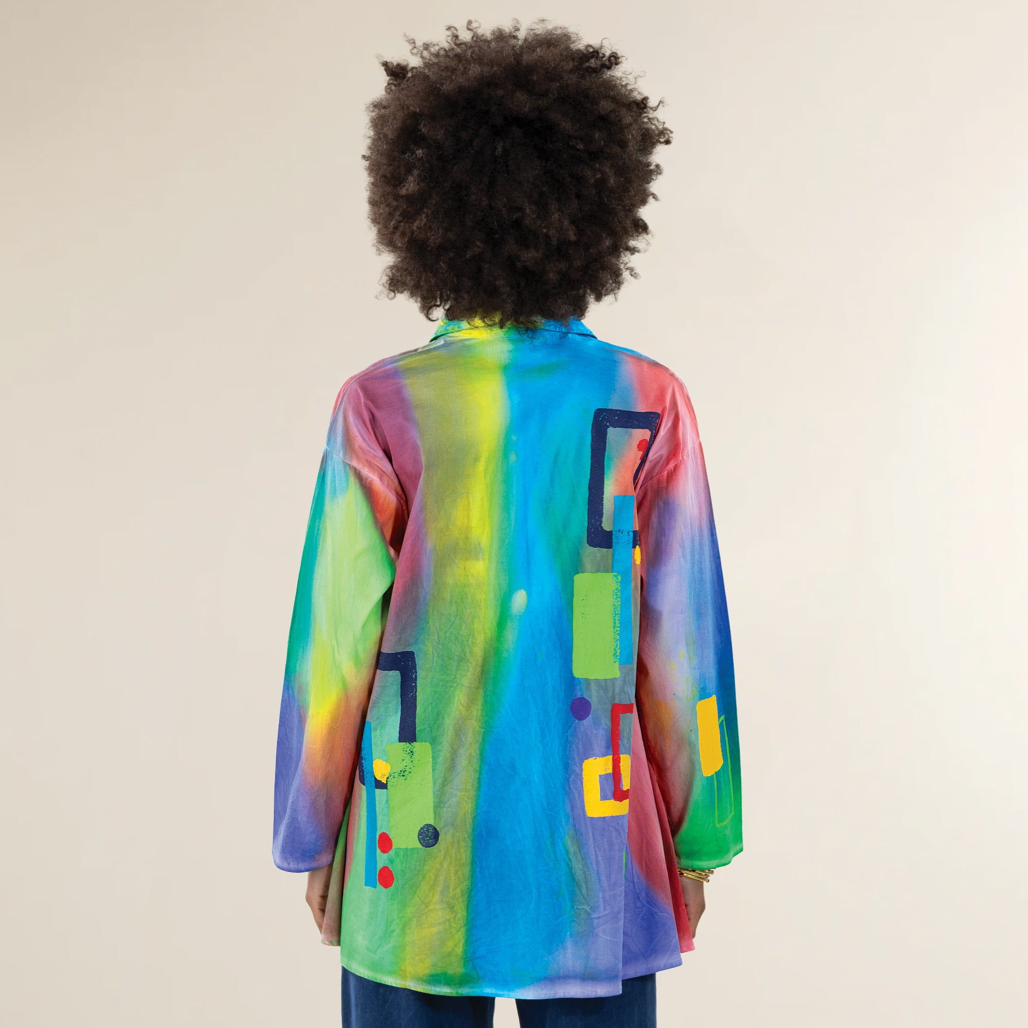 Hand-Painted Geometric Squares Button-Up Blouse