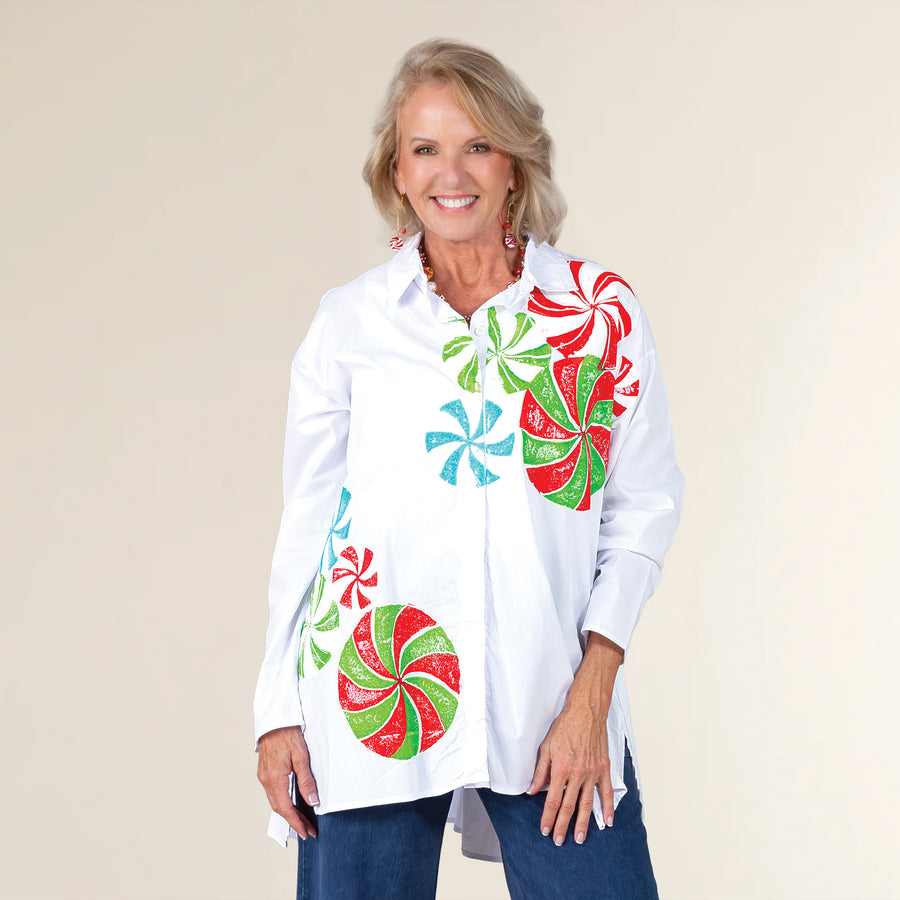 Hand-Painted Peppermint Swirls Button-Up Blouse