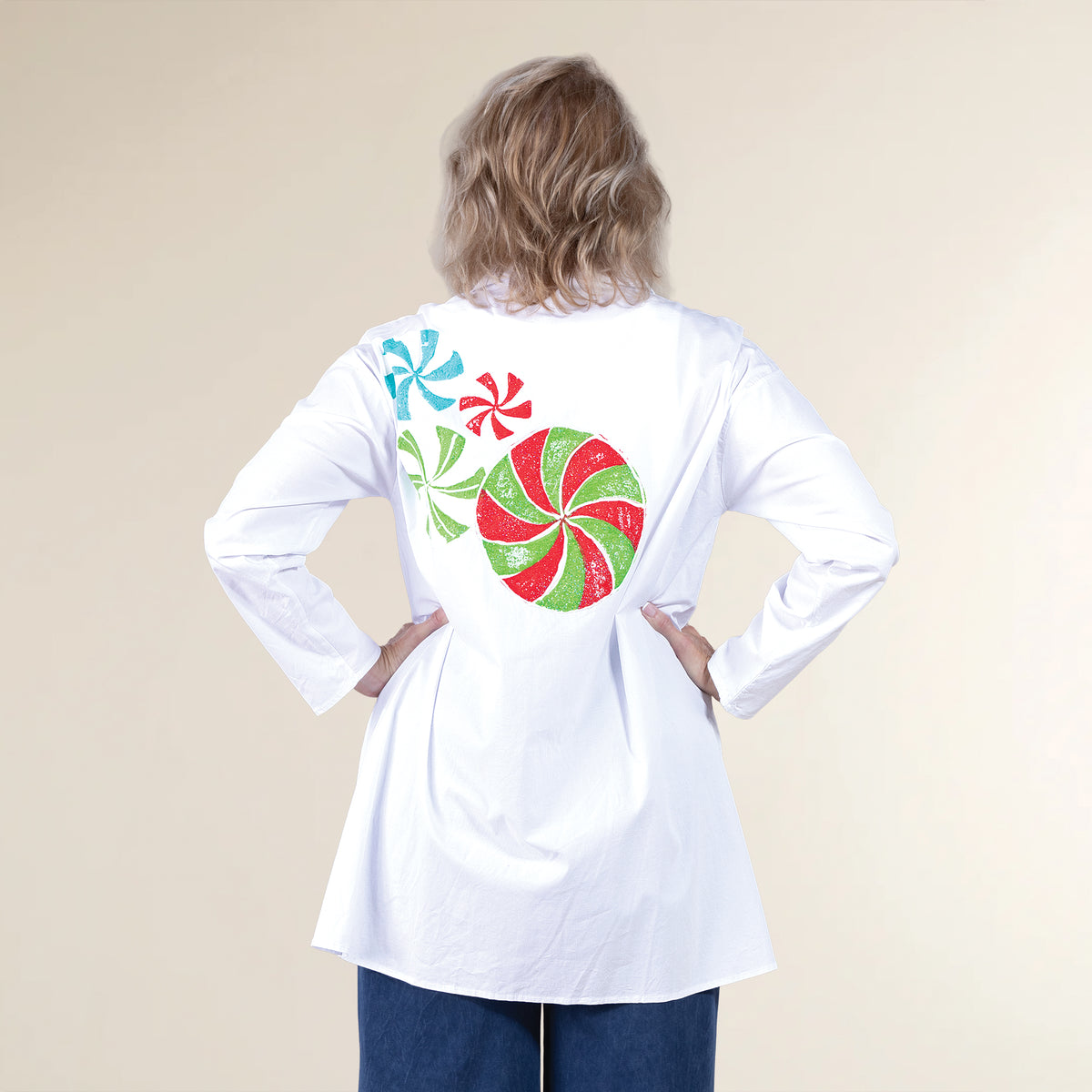 Hand-Painted Peppermint Swirls Button-Up Blouse