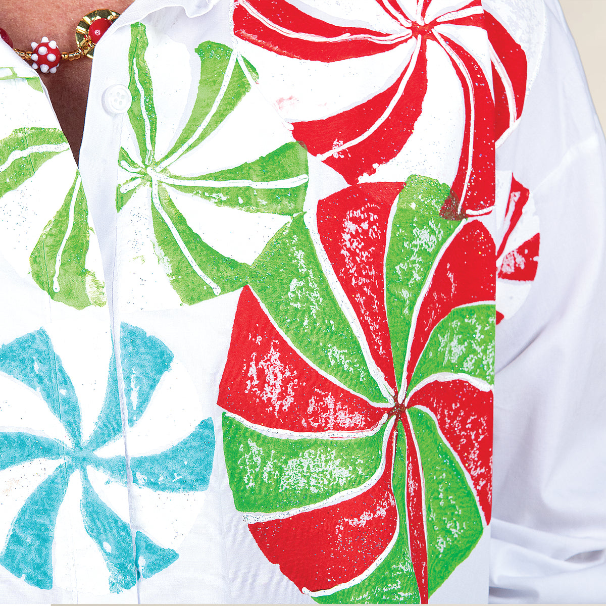 Hand-Painted Peppermint Swirls Button-Up Blouse