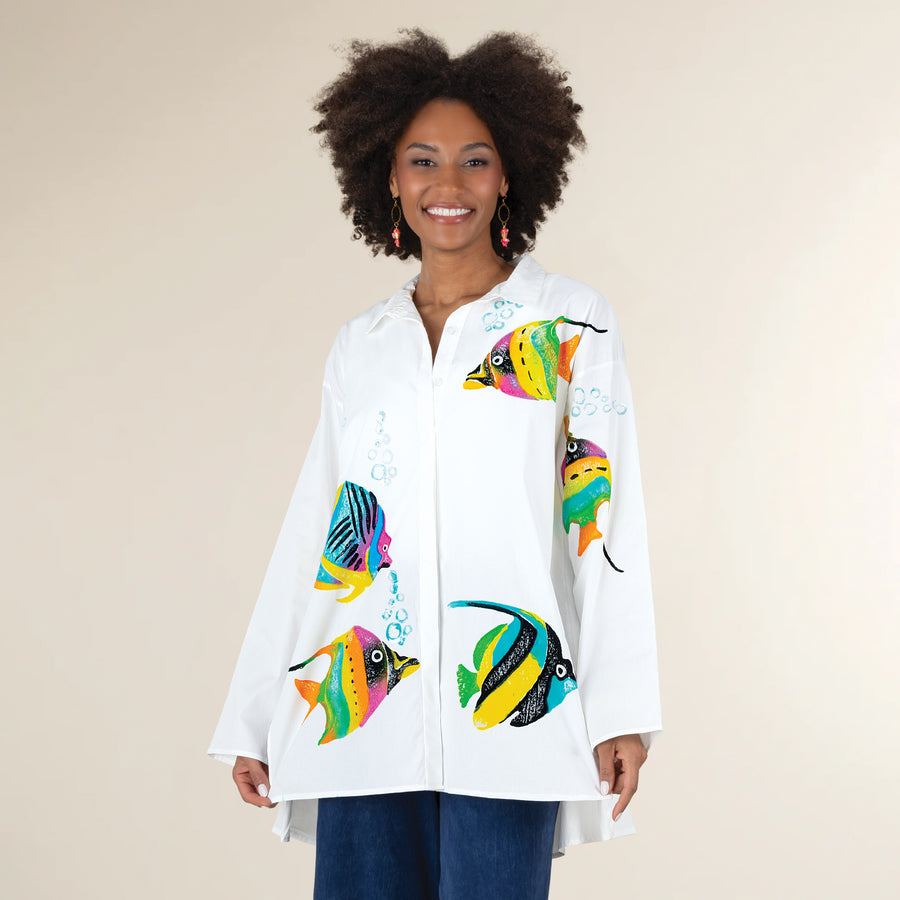 Hand-Painted Tropical Fish Button-Up Blouse