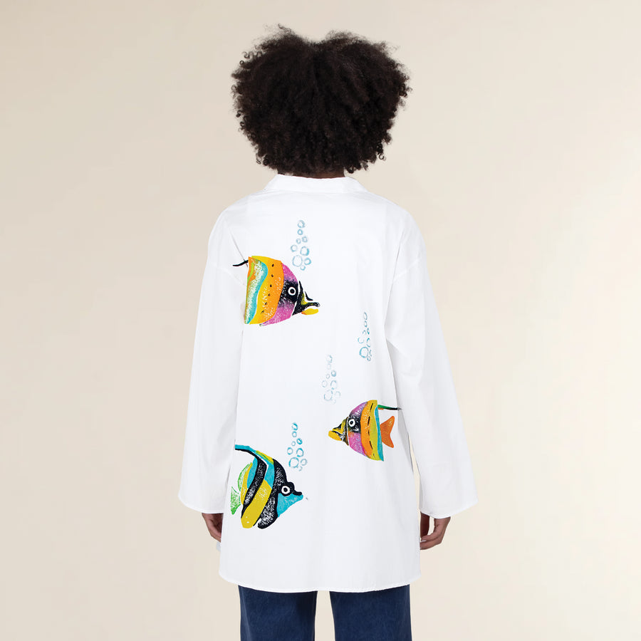 Hand-Painted Tropical Fish Button-Up Blouse