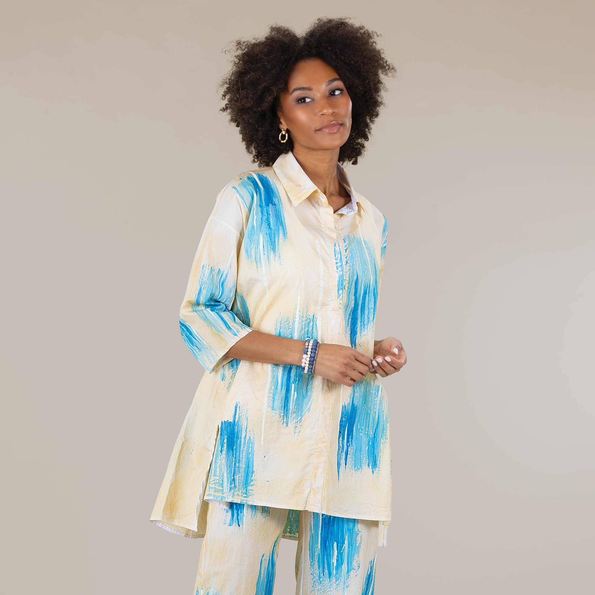 Hand-Painted Ocean Brushstrokes Button Up Blouse
