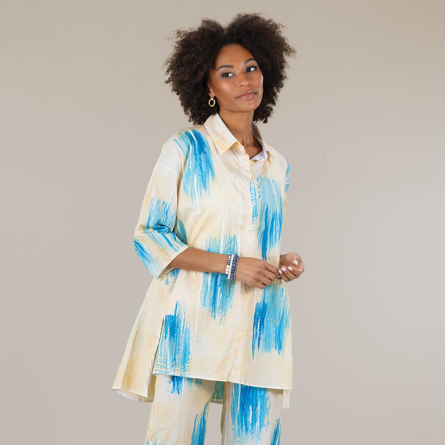 Hand-Painted Ocean Brushstrokes Button Up Blouse