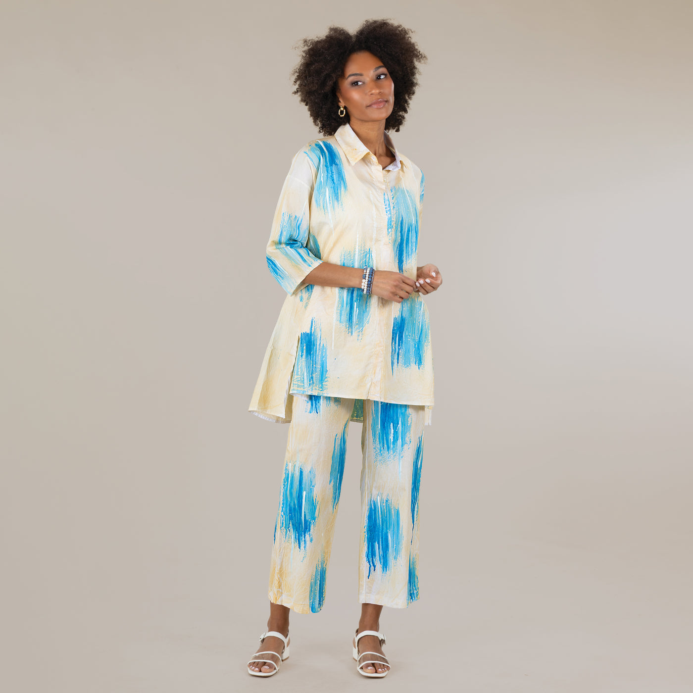 Hand-Painted Ocean Brushstrokes Button Up Blouse