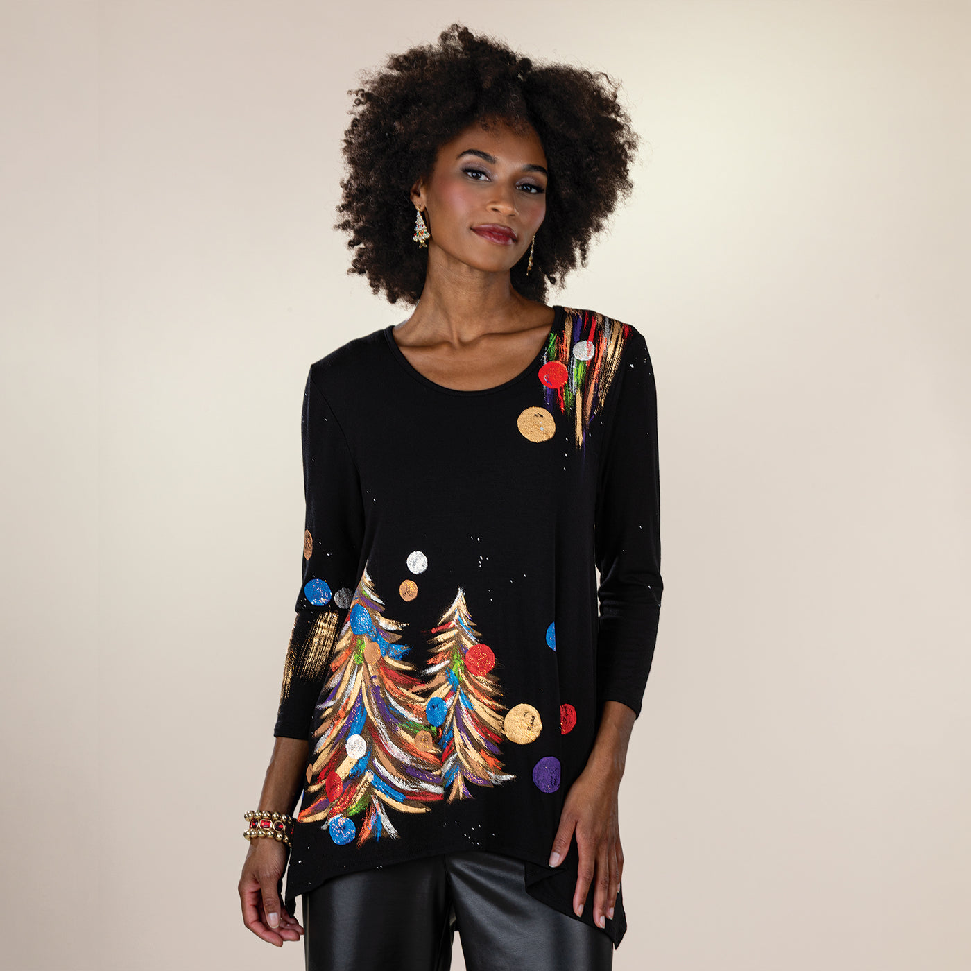 Hand-Painted Colorful Christmas Trees Blouse