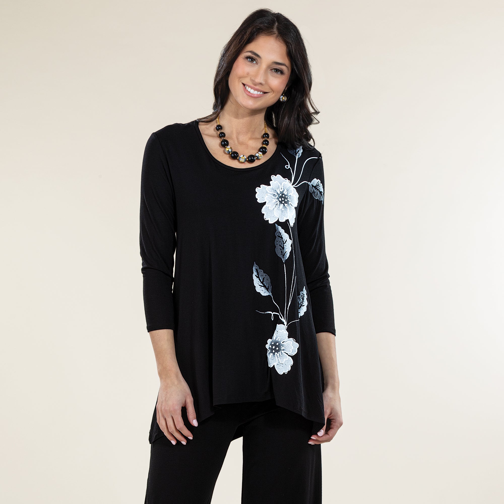 Hand-Painted Bold Blooms Black & White Blouse