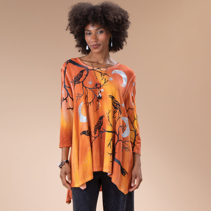 Hand-Painted Crows Under Crescent Moons Blouse