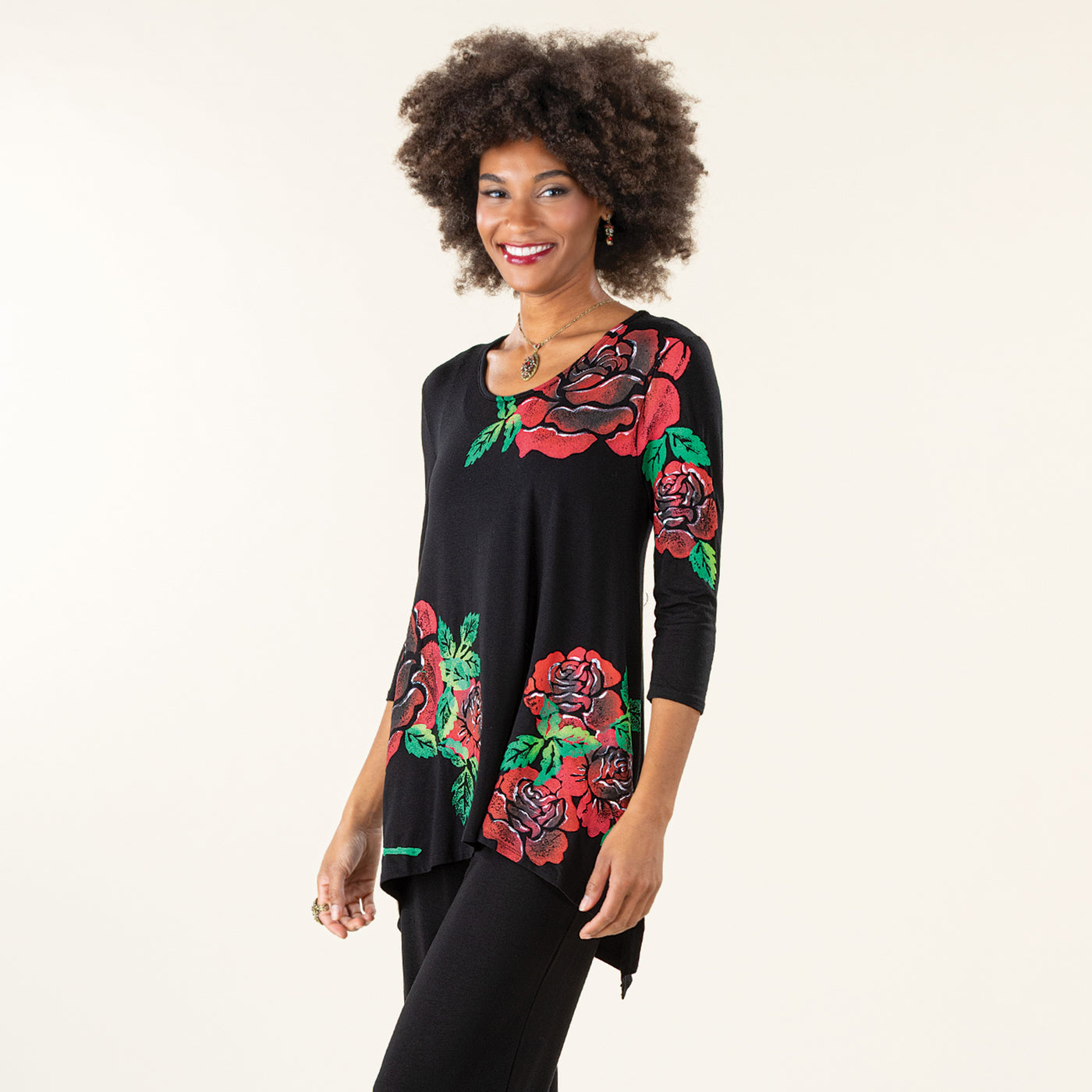 Hand-Painted Blooming Roses Blouse