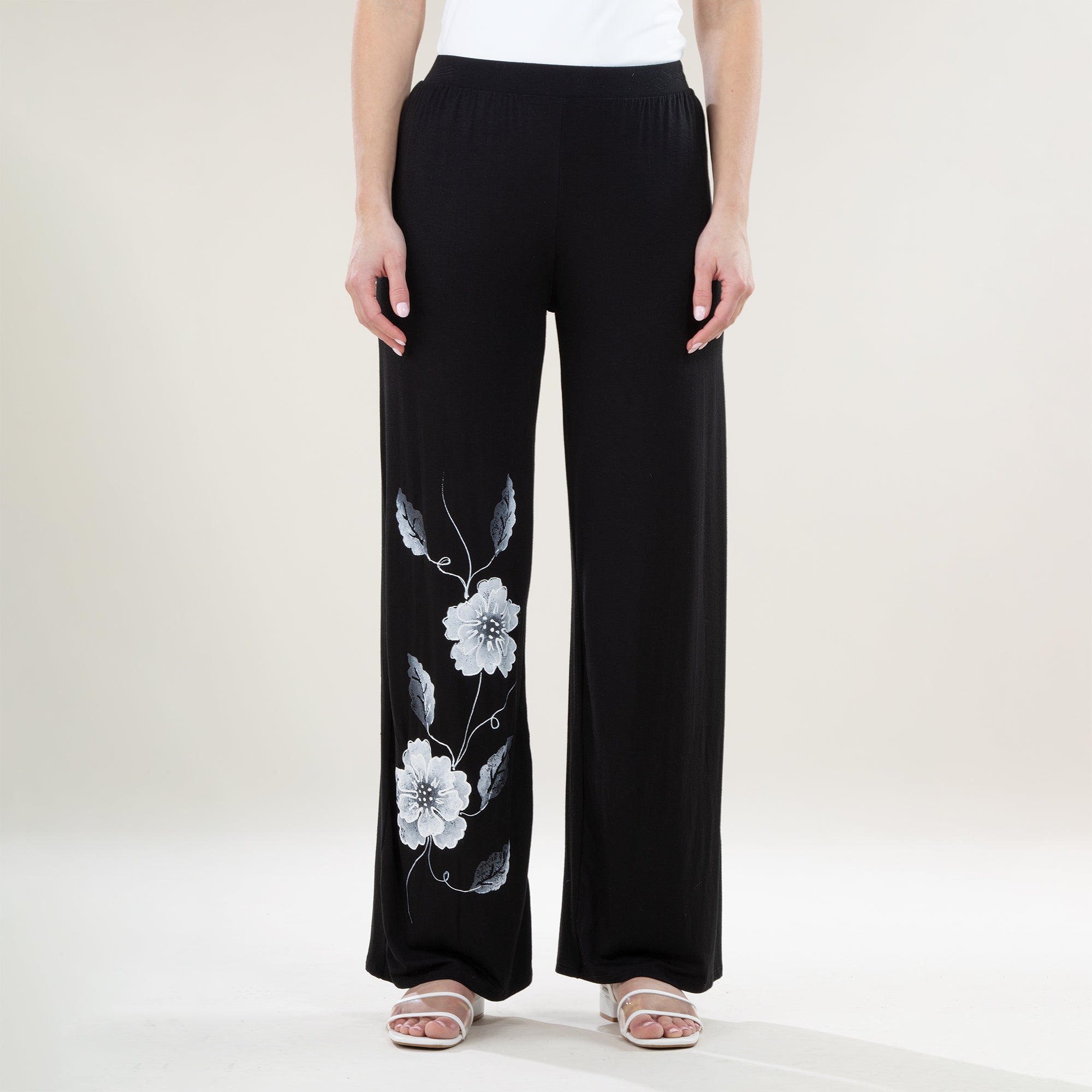 Hand-Painted Bold Blooms Black & White Wide Leg Pants
