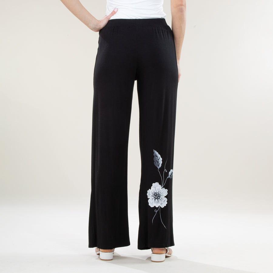 Hand-Painted Bold Blooms Black & White Wide Leg Pants