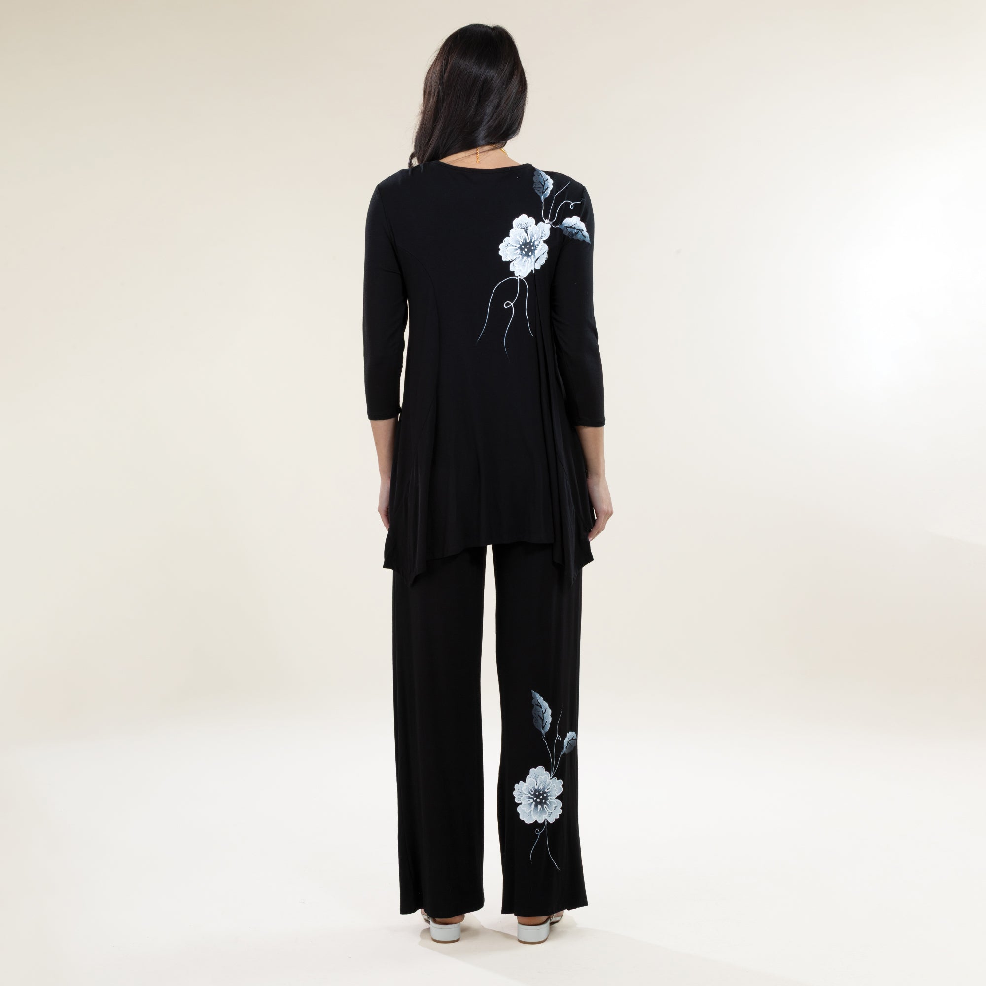 Hand-Painted Bold Blooms Black & White Wide Leg Pants