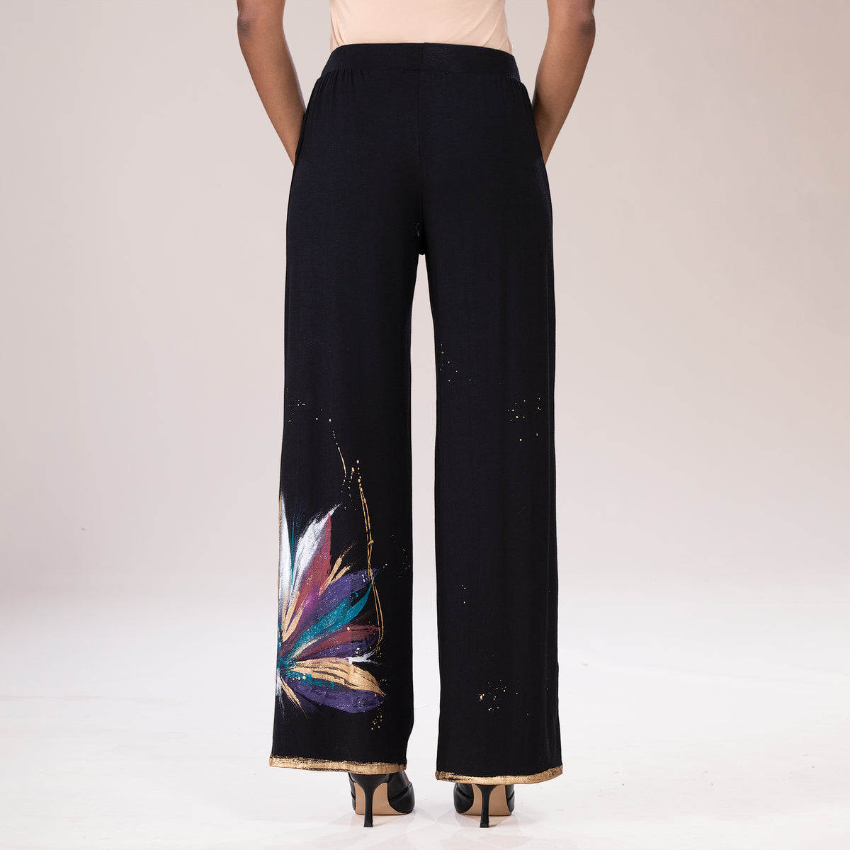 Hand-Painted Rainbow Starburst Wide Leg Pants