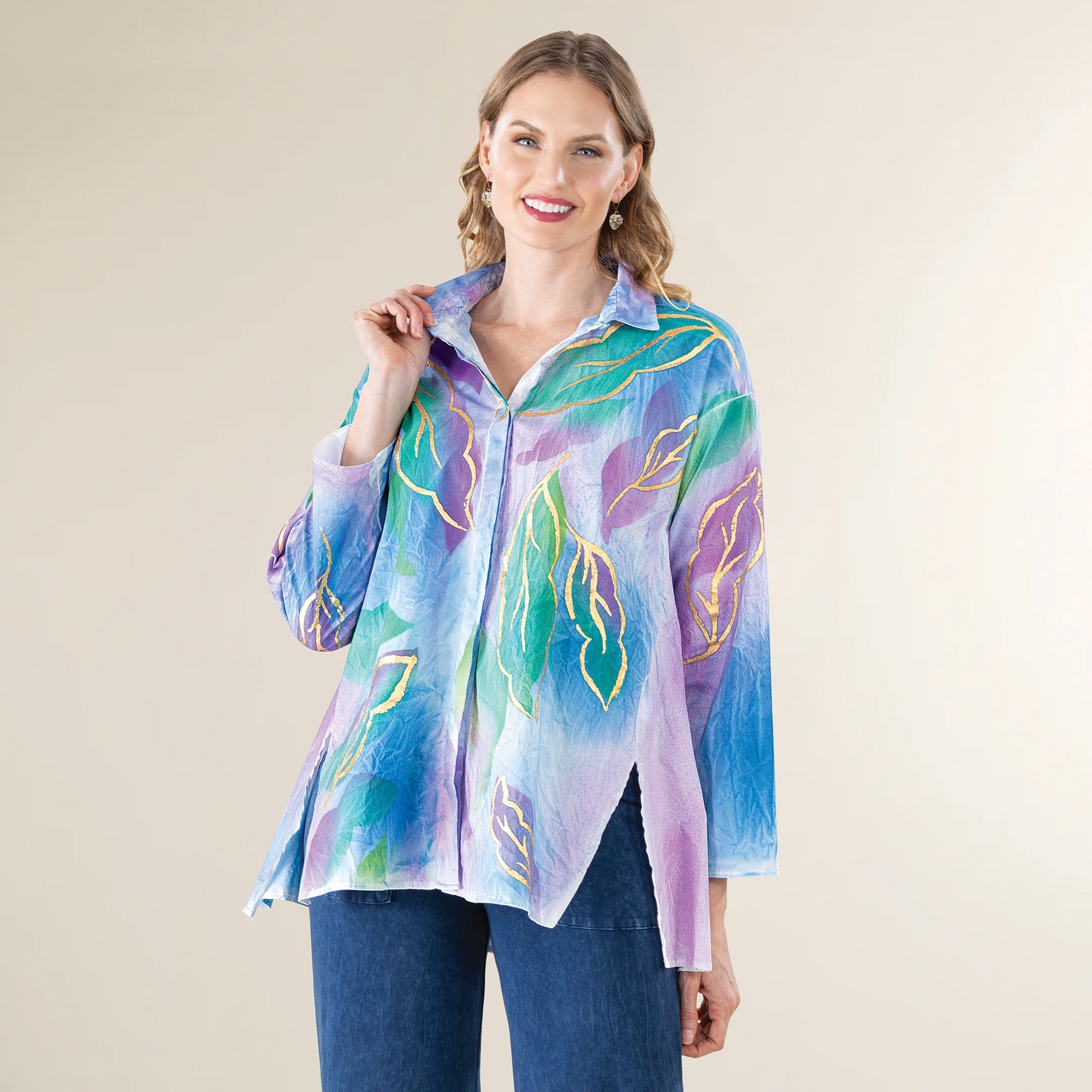 Hand-Painted Gossamer Leaves Button Up Blouse