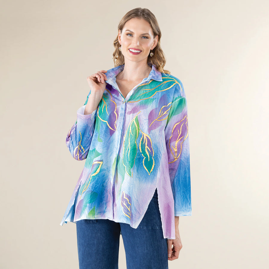 Hand-Painted Gossamer Leaves Button Up Blouse