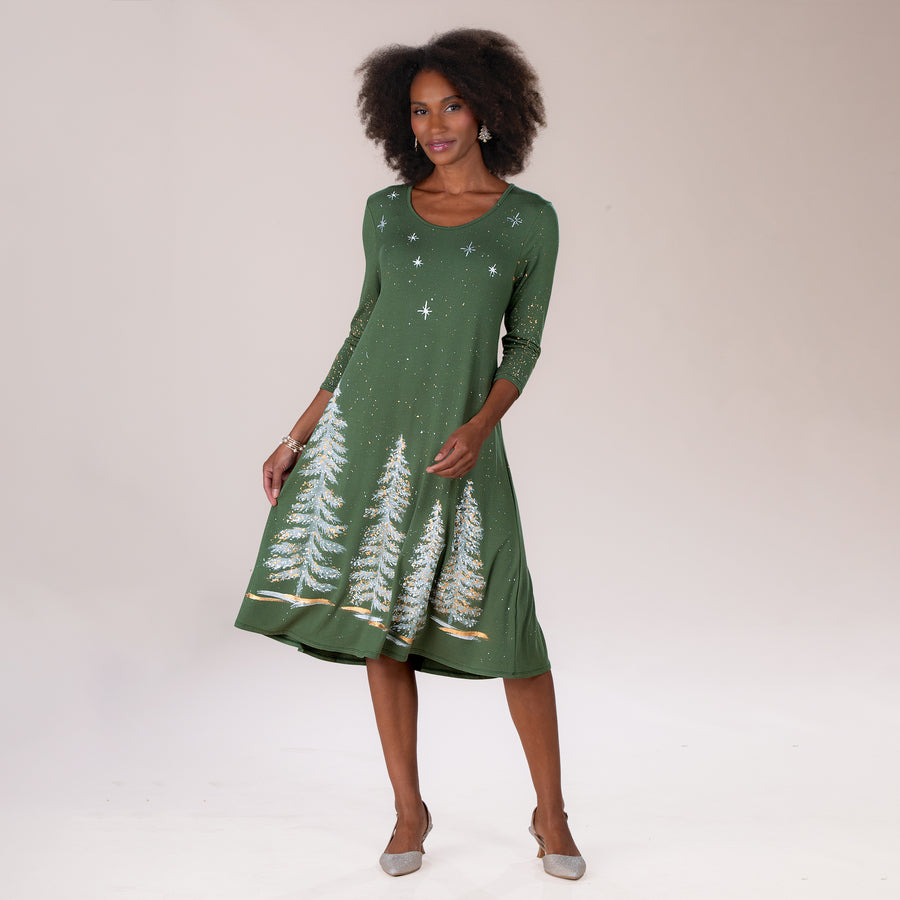 Hand-Painted Metallic Christmas Trees Dress