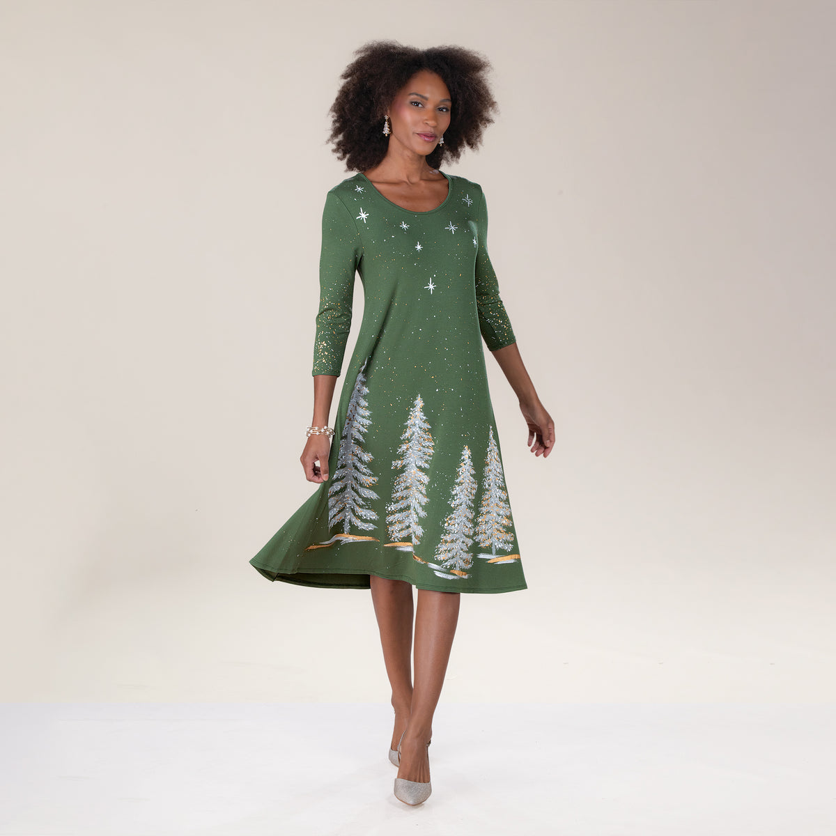 Hand-Painted Metallic Christmas Trees Dress