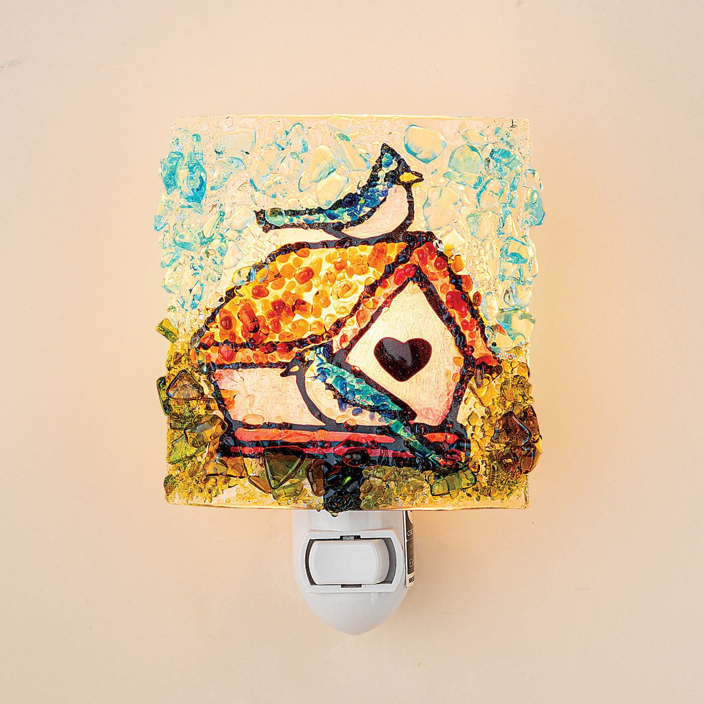 Recycled Glass Blue Jay Birdhouse Nightlight