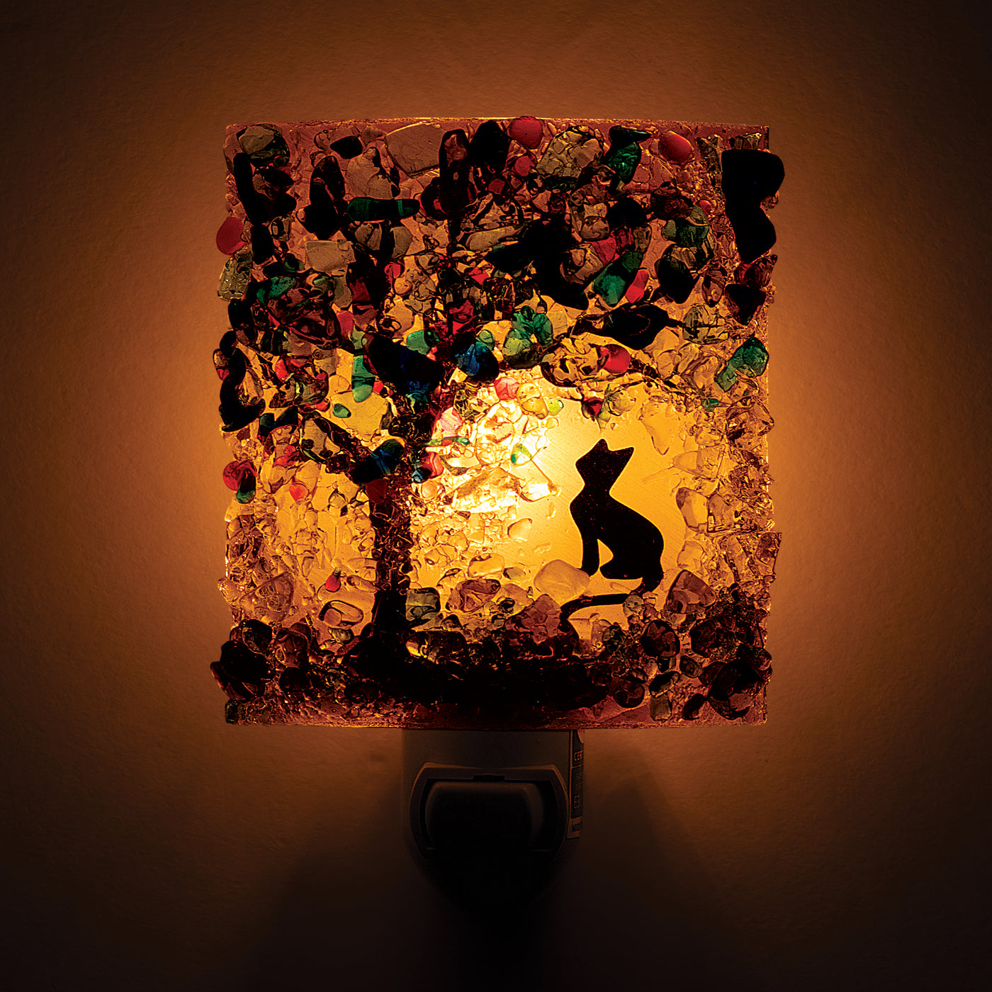 Recycled Glass Confetti Tree & Cat Nightlight