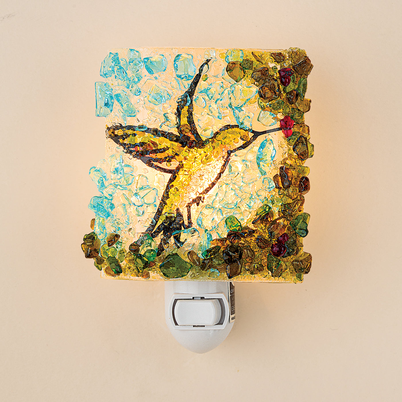 Recycled Glass Green & Gold Hummingbird Nightlight
