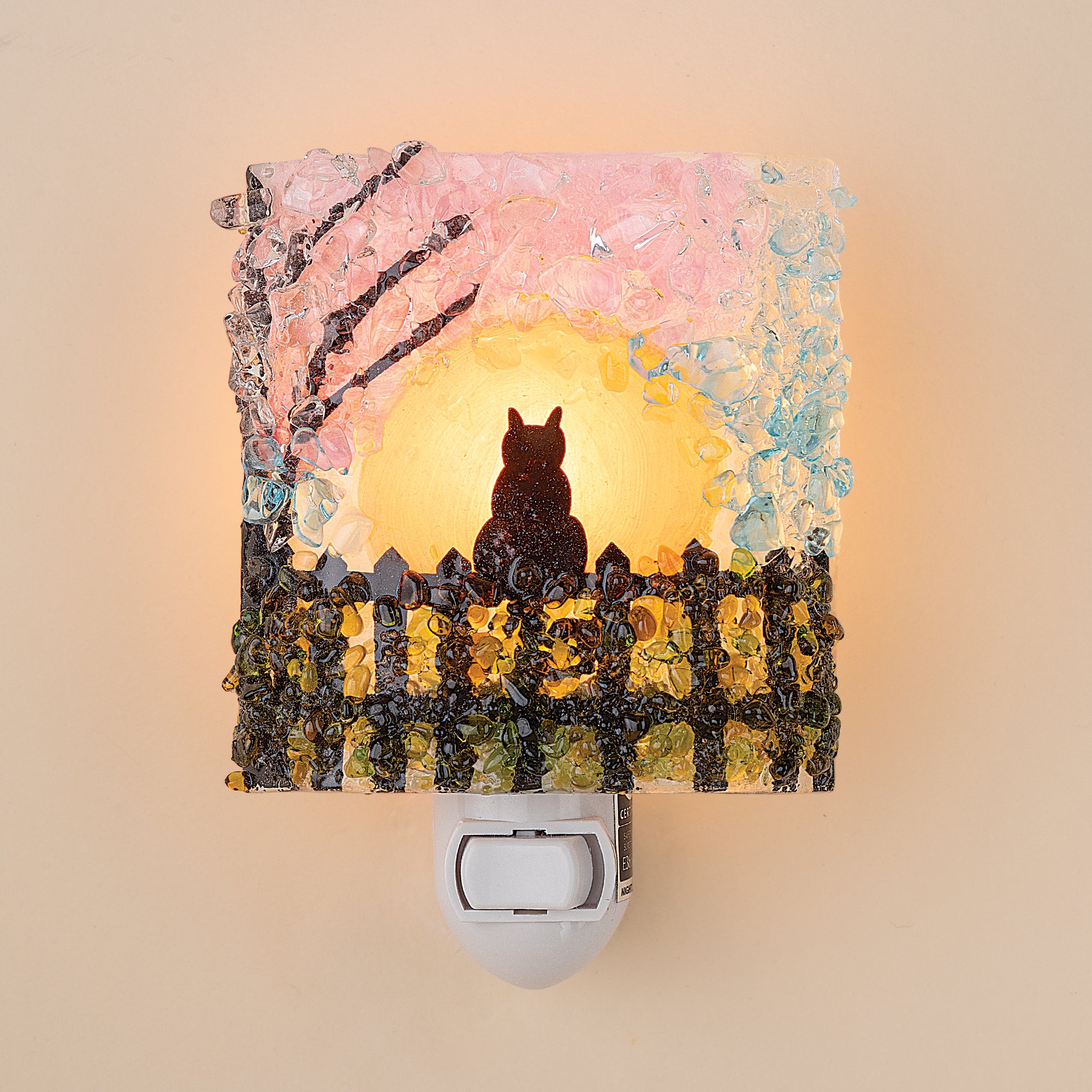 Recycled Glass Black Cat on Fence Nightlight