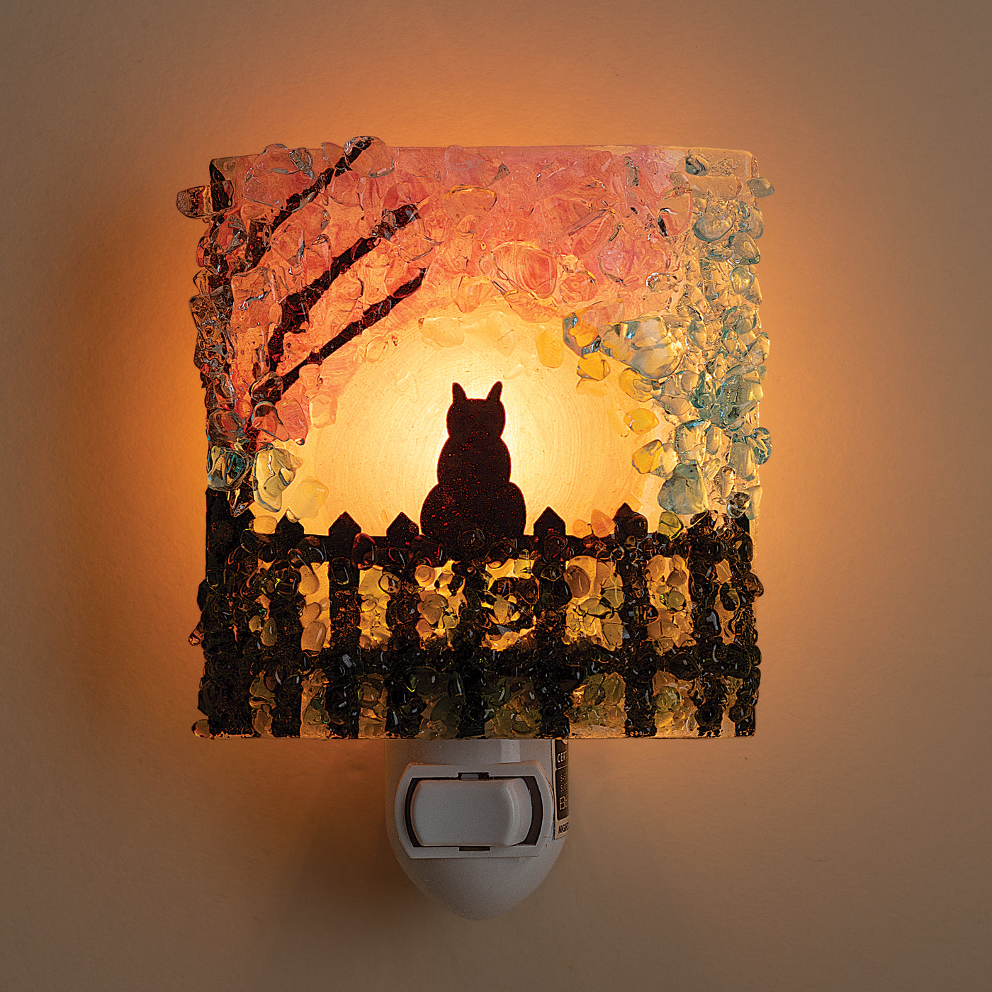 Recycled Glass Black Cat on Fence Nightlight