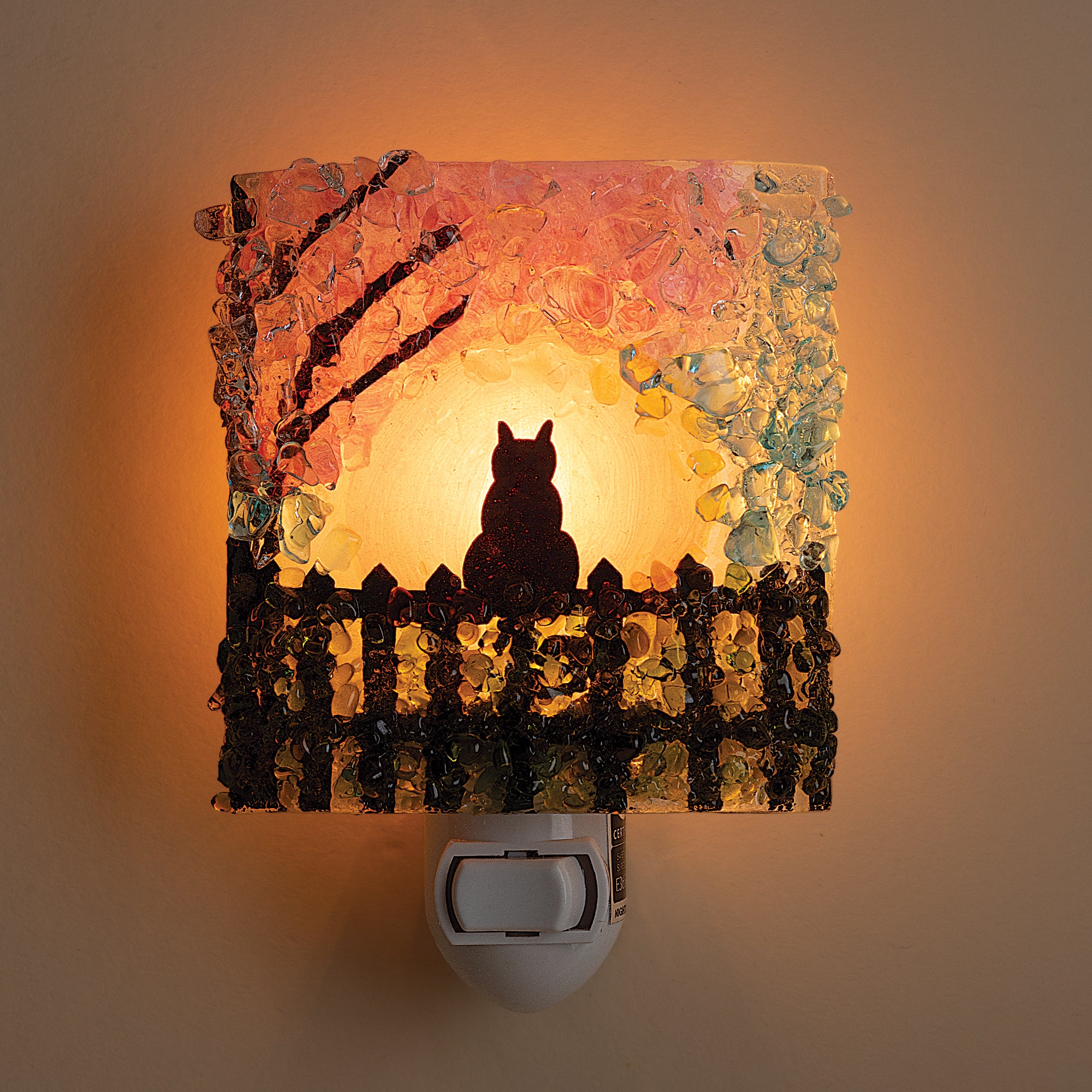 Recycled Glass Black Cat on Fence Nightlight