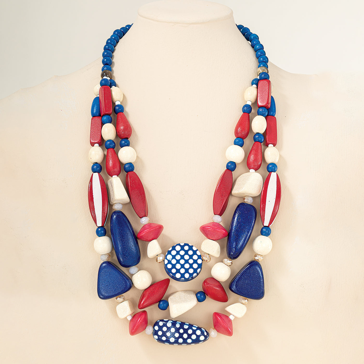 Flags & Fancy Wood Triple Strand Necklace & Earrings Set