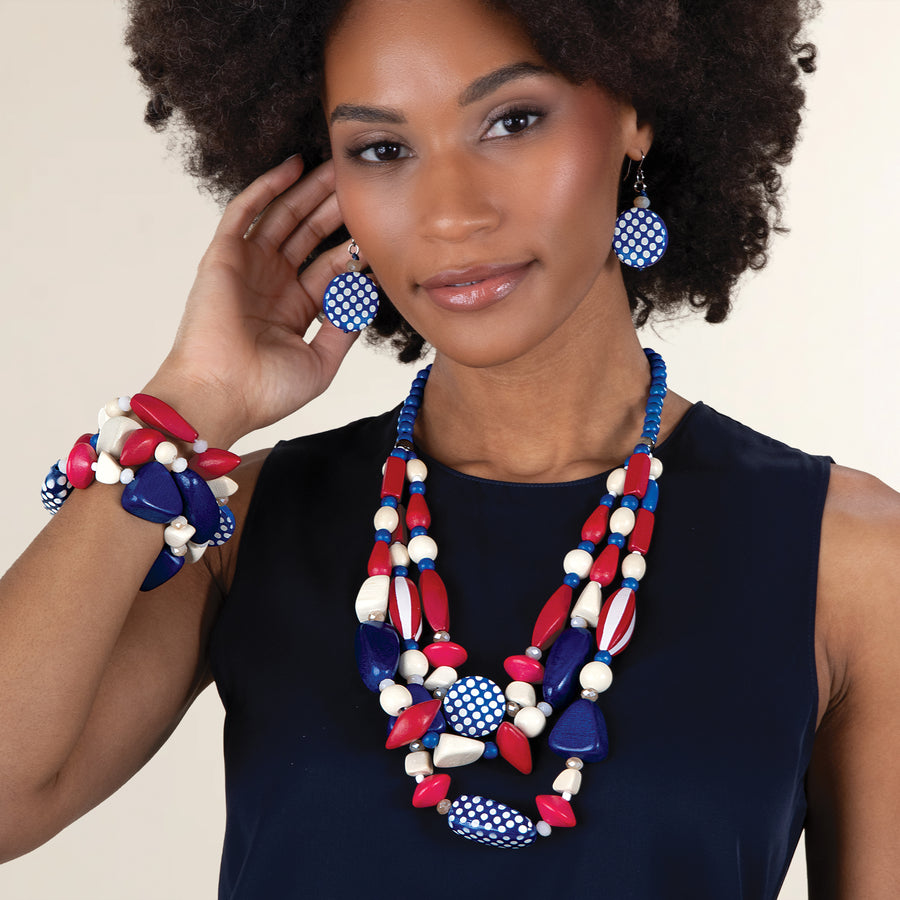 Flags & Fancy Wood Triple Strand Necklace & Earrings Set