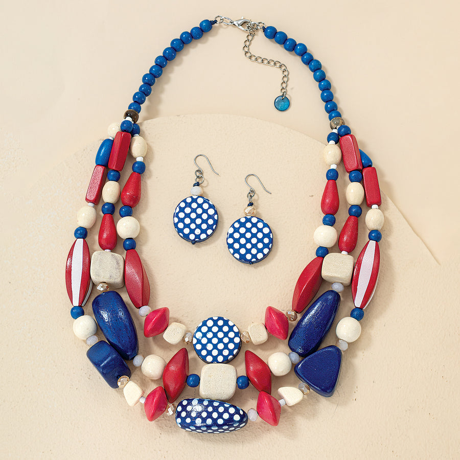 Flags & Fancy Wood Triple Strand Necklace & Earrings Set