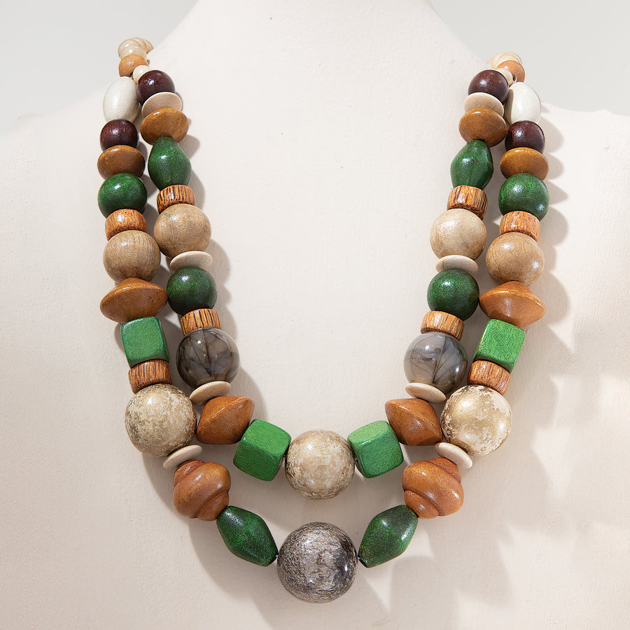 Marvelous Moss Double Strand Wood Bead Necklace (Preorder)