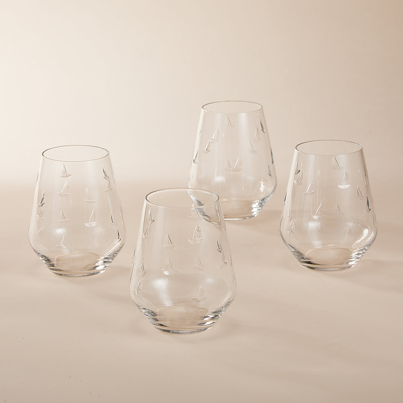 Hand-Etched Sailboat Glasses, Set of 4