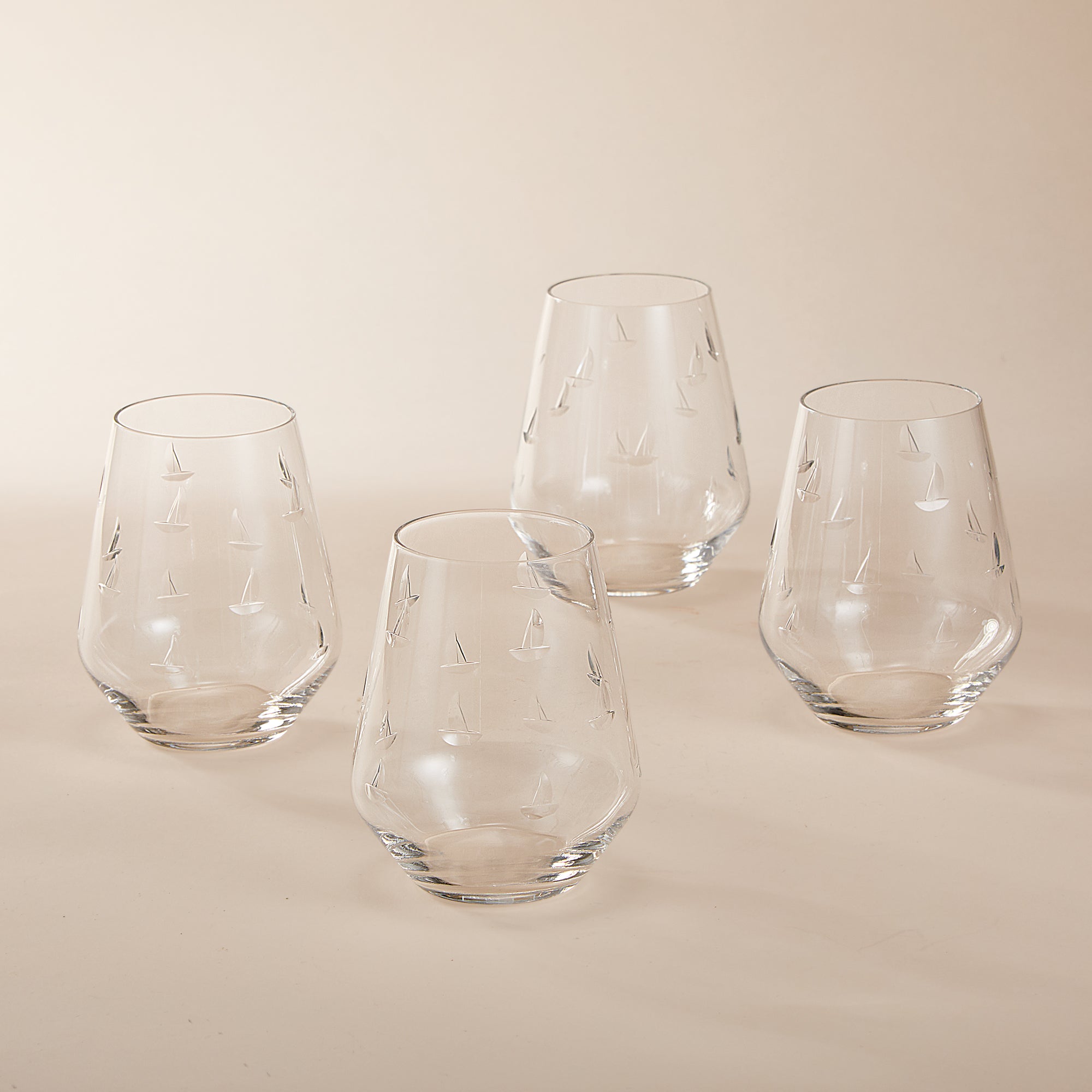 Hand-Etched Sailboat Glasses, Set of 4