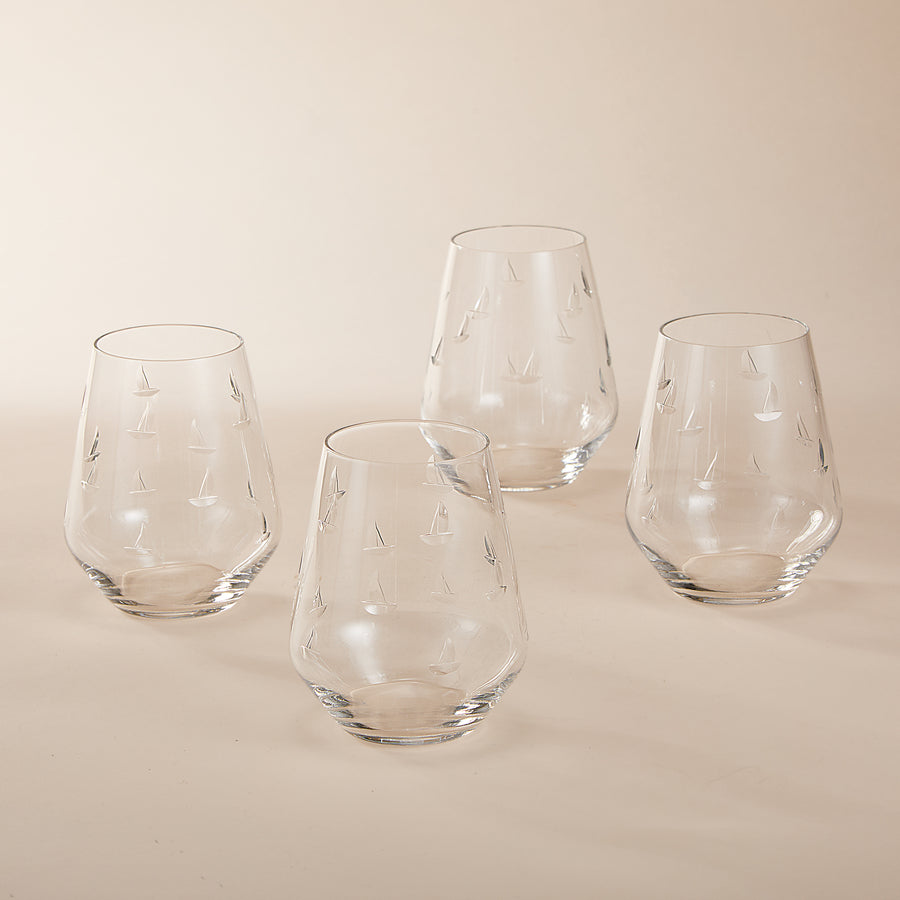 Hand-Etched Sailboat Glasses, Set of 4