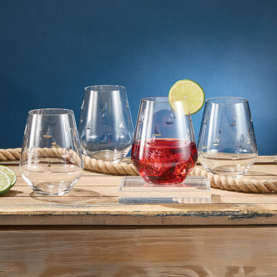 Hand-Etched Sailboat Glasses, Set of 4