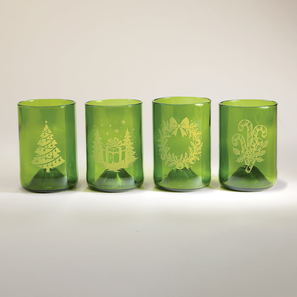 Hand-Etched Upcycled Holiday Tumblers, Set of 4 (Preorder)