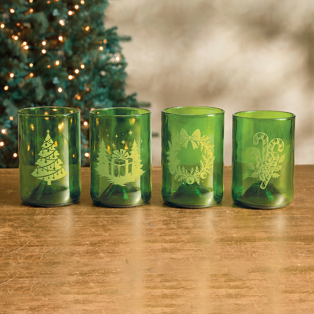 Hand-Etched Upcycled Holiday Tumblers, Set of 4 (Preorder)