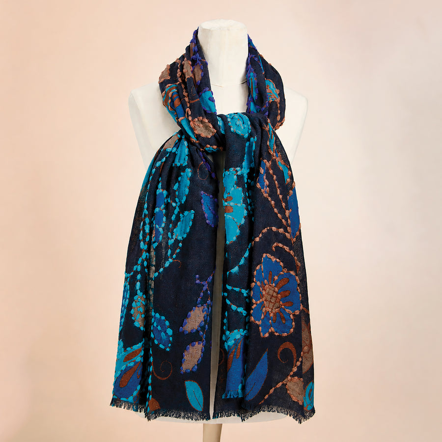 Blue Floral Merino Wool Scarf (Preorder)