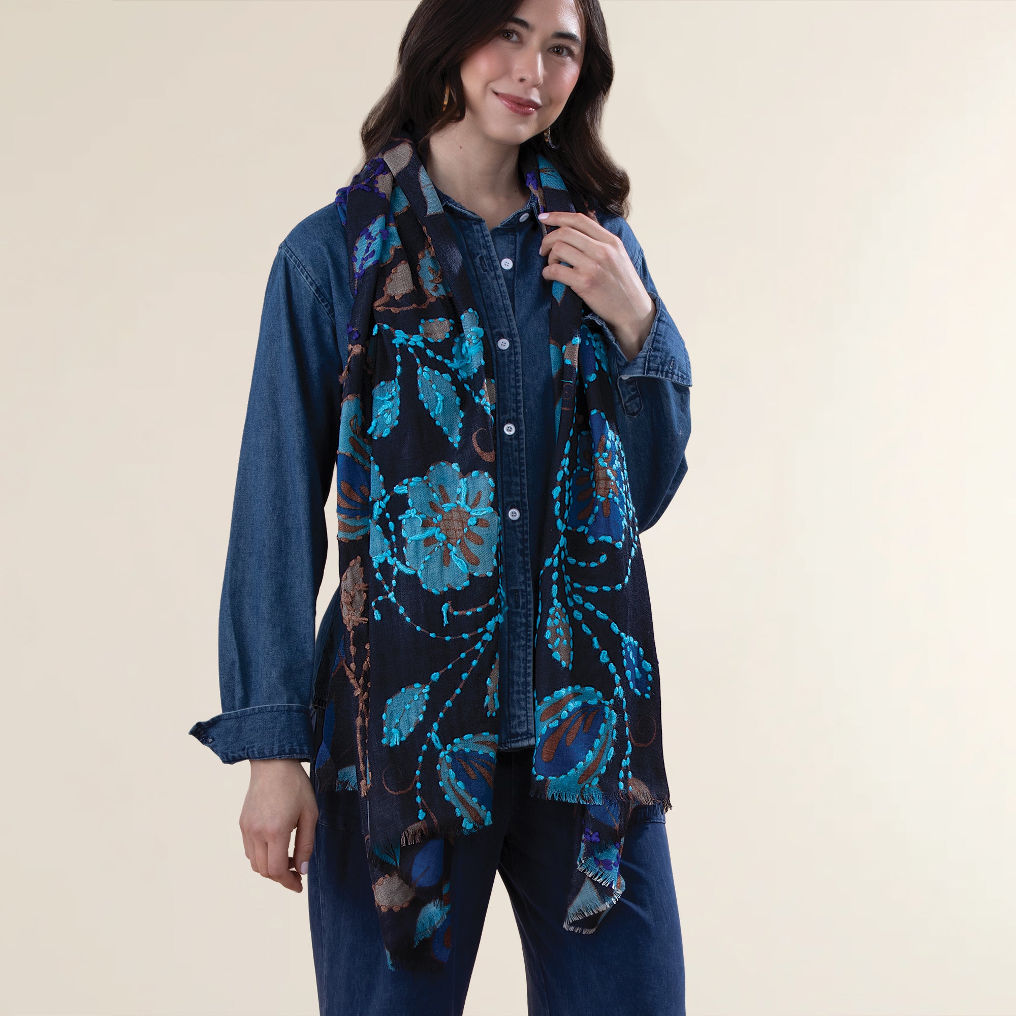 Blue Floral Merino Wool Scarf (Preorder)