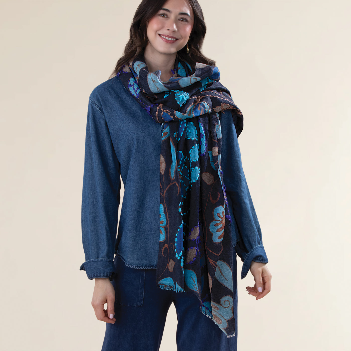 Blue Floral Merino Wool Scarf (Preorder)