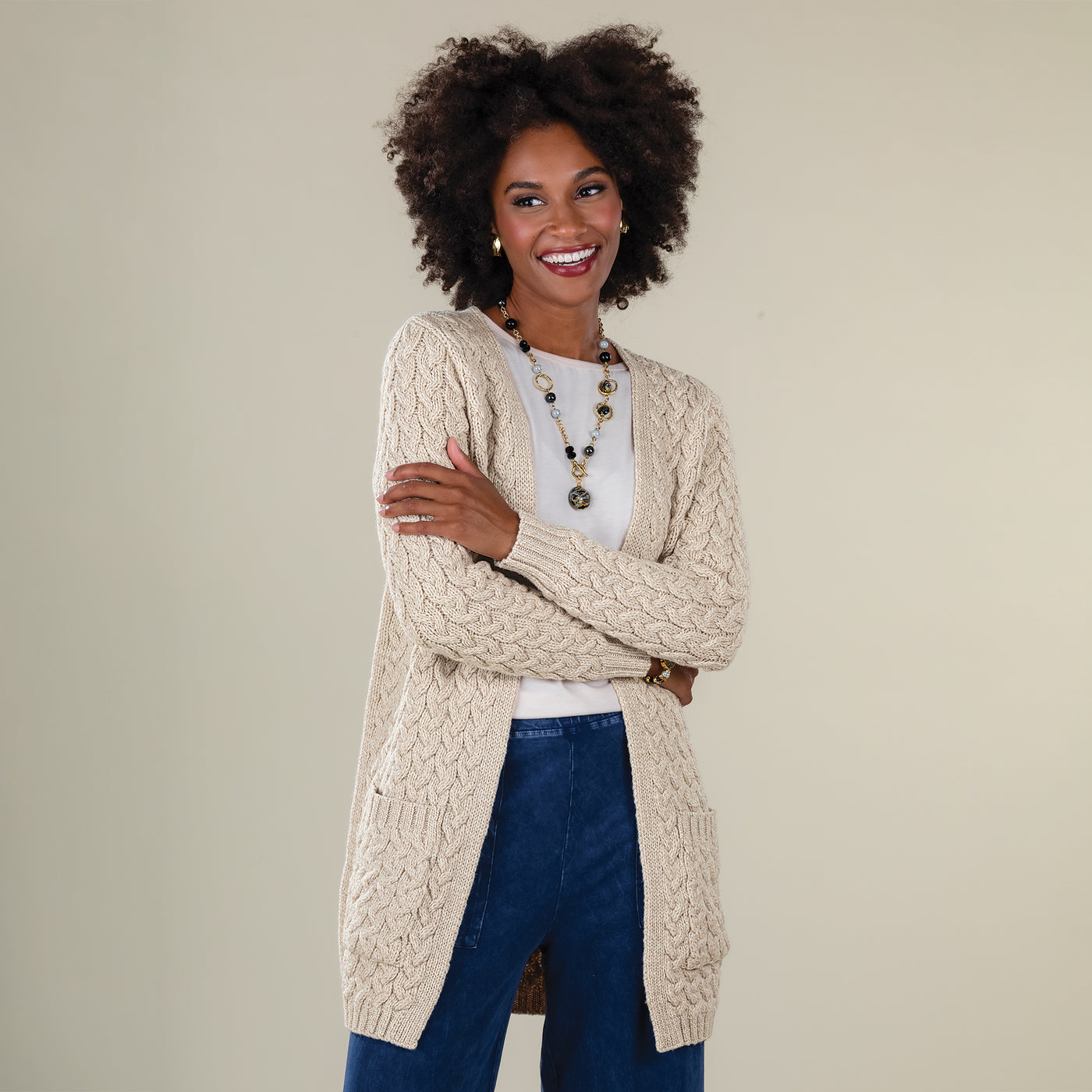 Soft Beige Merino Wool Open Cardigan
