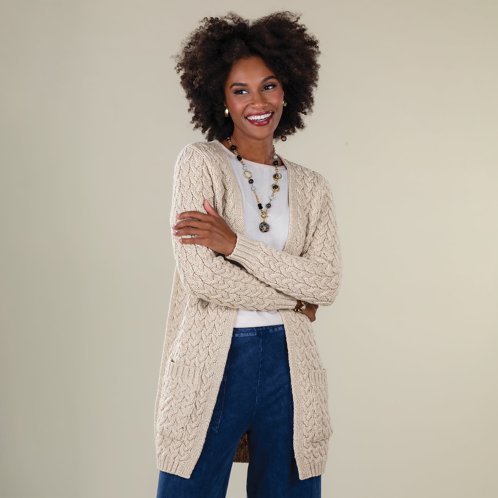 Soft Beige Merino Wool Open Cardigan