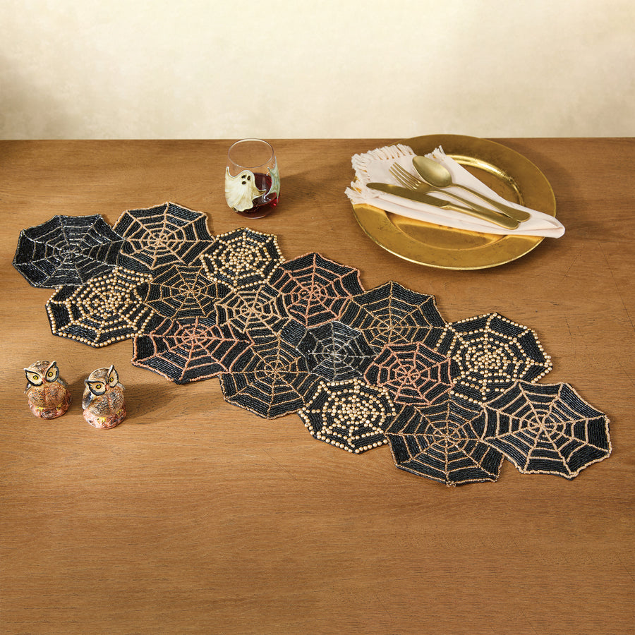 Hand-Beaded Spooky Spiderwebs Table Runner (Preorder)