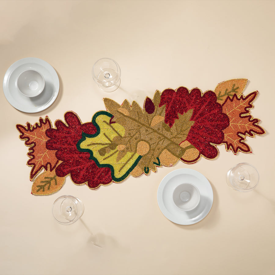 Hand-Beaded Crisp Leaves Table Runner