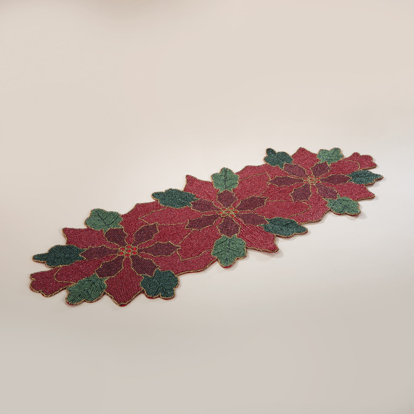 Ruby Red Poinsettias Beaded Table Runner