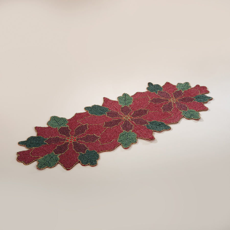 Ruby Red Poinsettias Beaded Table Runner