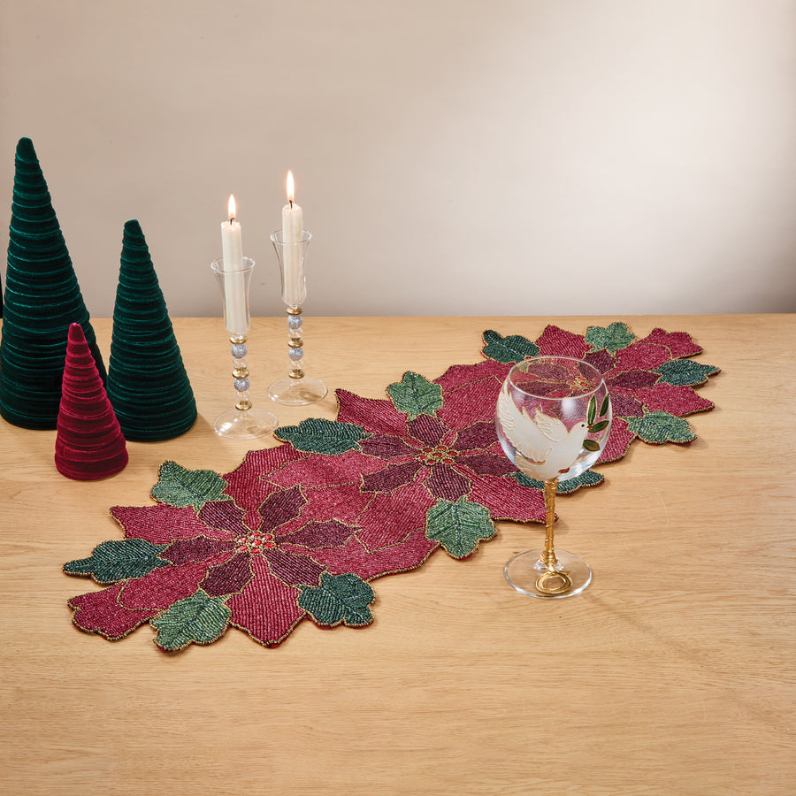 Ruby Red Poinsettias Beaded Table Runner