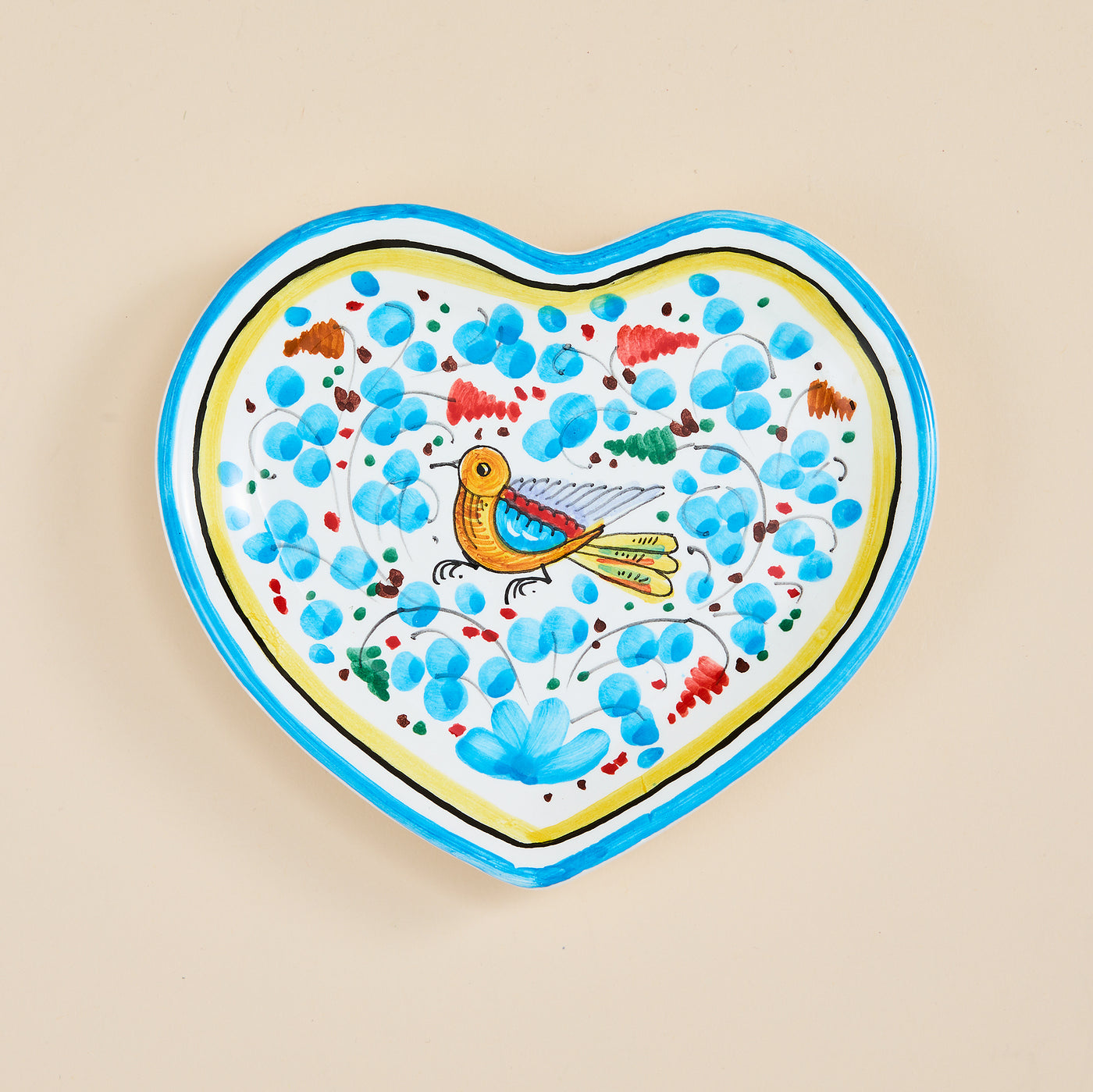 Hand-Painted Arabesco Birds & Flowers Earthenware Heart Plate